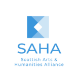 SAHA's logo. geometric shapes in three different shades of blue