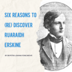 Blue text: Six reasons to (re) discover Ruaraidh Erskine, by Dr Petra Johana Poncarová. Right side: an image of Ruaraidh Erskine