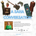 Cover image for the new episode of SAHA Conversation. Features a picture of Leonie Bell and objects from the V&A Dundee Tartan exhibition (from left to right: a dress, a dresser, a guitar, a joystick, a phone booth and a suit)