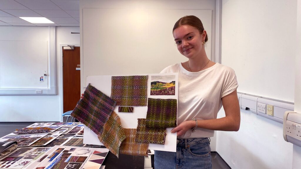 Weave category commendation – Grace Nicoll, whose designs were inspired by old Shetland tweeds and the granite pinks, heather purples and moss greens of her local Aberdeenshire